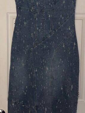 Fashion Nova Distressed Dark Blue Denim Corset Maxi Dress “Raleigh”